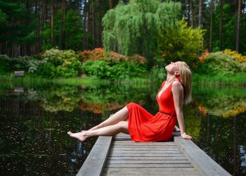 woman, jetty, lake