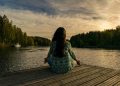yoga, woman, lake
