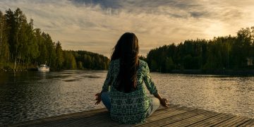 yoga, woman, lake