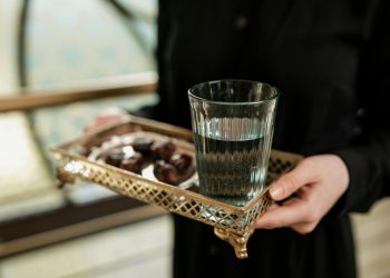Glass of Water in a Metallic Serving Tray
